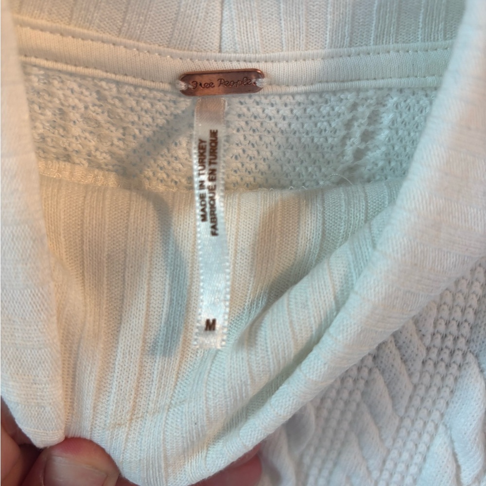 Free People White V-Neck Sweater with Cable Knit and Ruffles - Picture 3 of 4